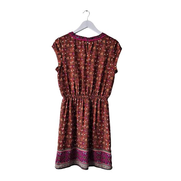 DR2 Dark Cinnamon Vneck Cap Sleeve Elastic Waist Border Print Floral Dress - S - Picture 12 of 13